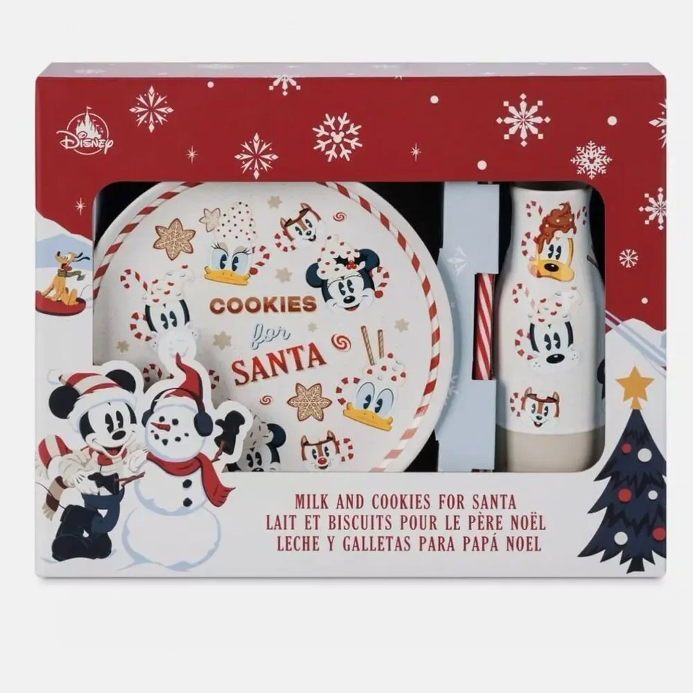 Disney Mickey Mouse & Friends Milk & Cookies Santa 3-pc Plate Cup Set New w/ Box